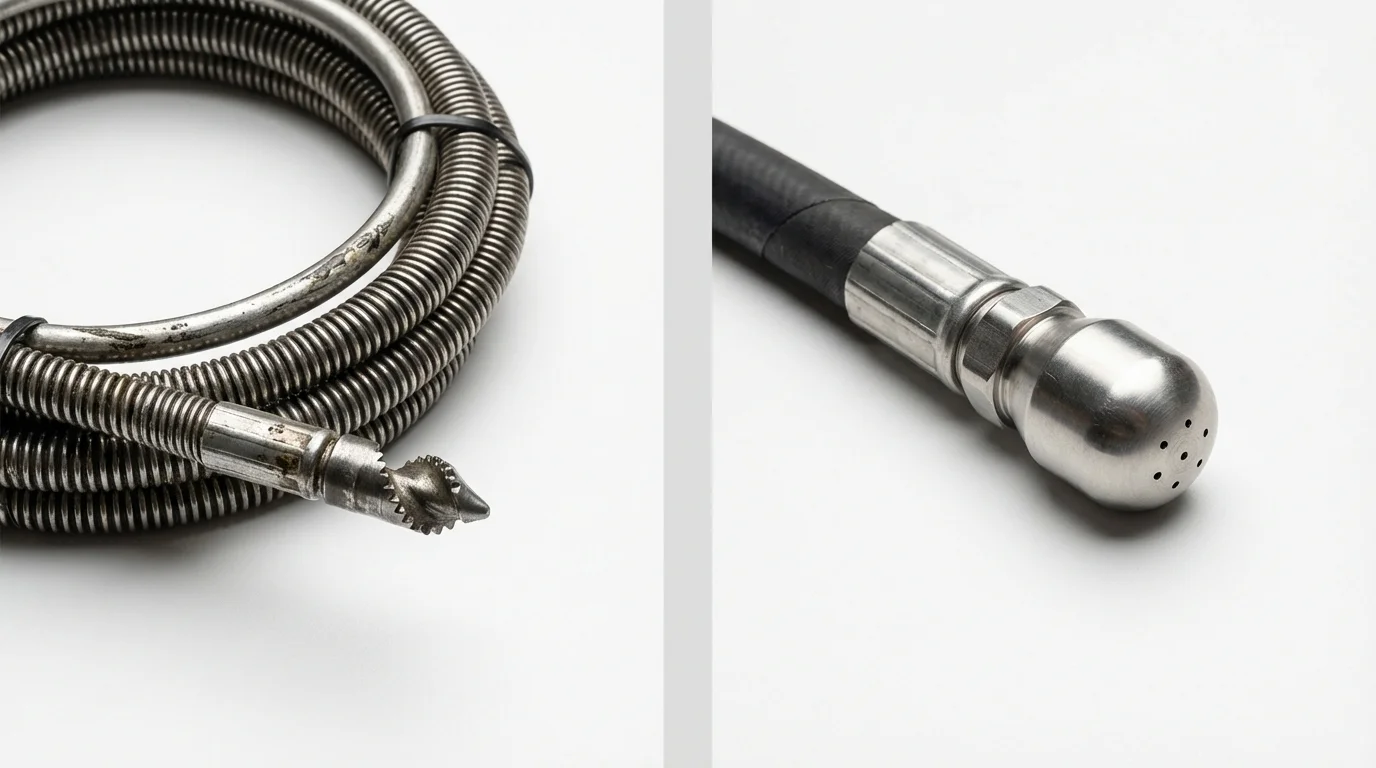 Drain snake cable and hydro jetting nozzle used for drain cleaning in Easthampton, MA