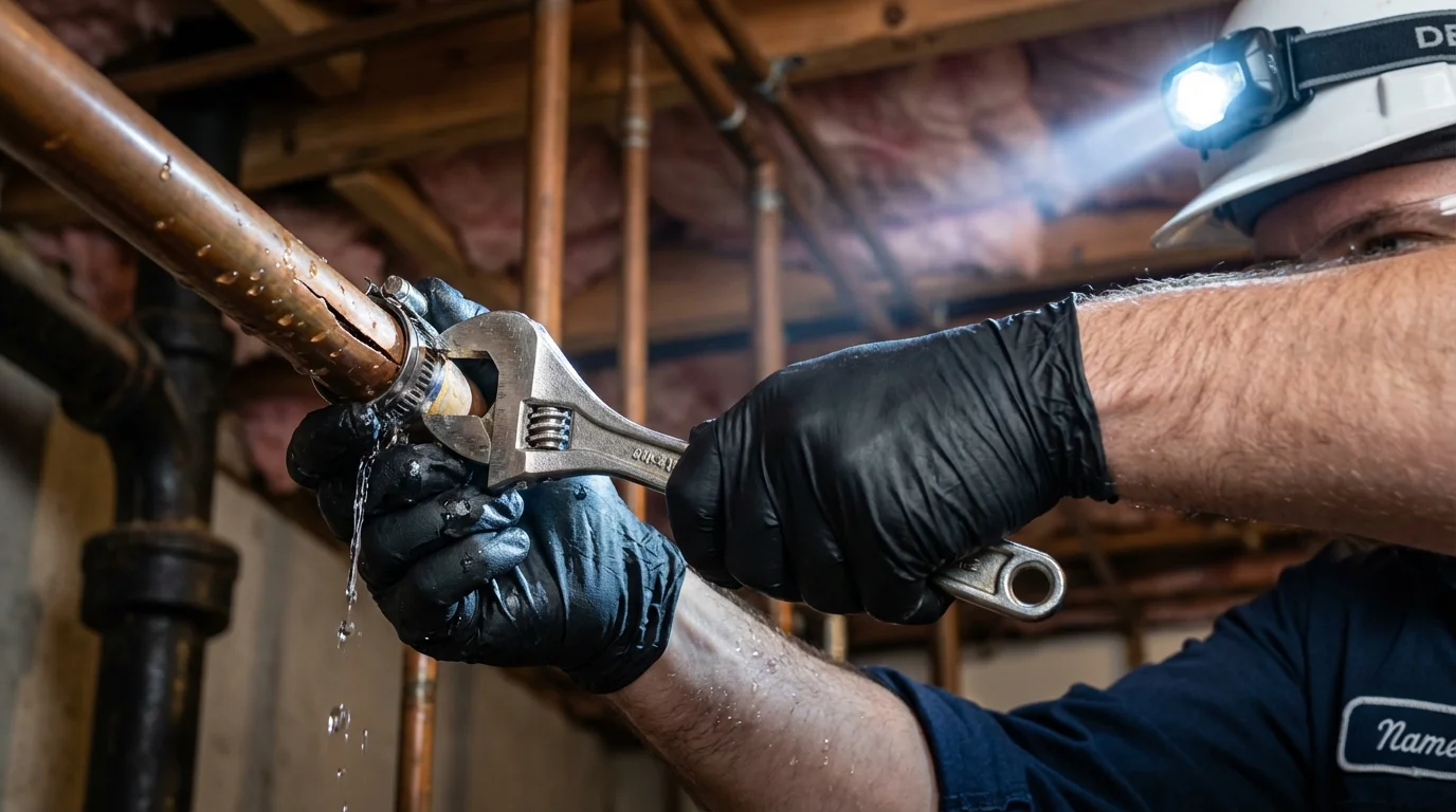 Emergency pipe clamp repair being performed by a Johns Plumbing LLC plumber in Easthampton