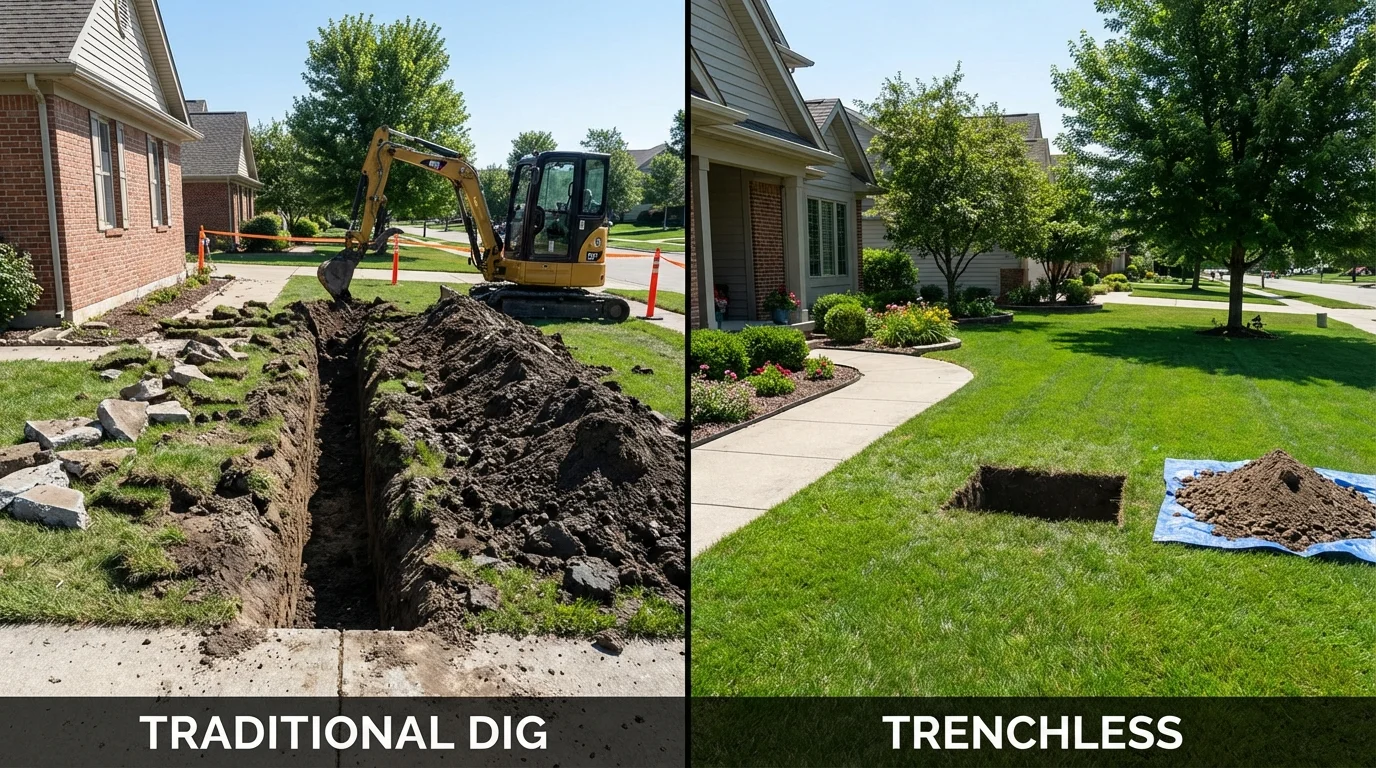 Trenchless sewer repair with minimal yard damage versus traditional excavation in Easthampton, MA