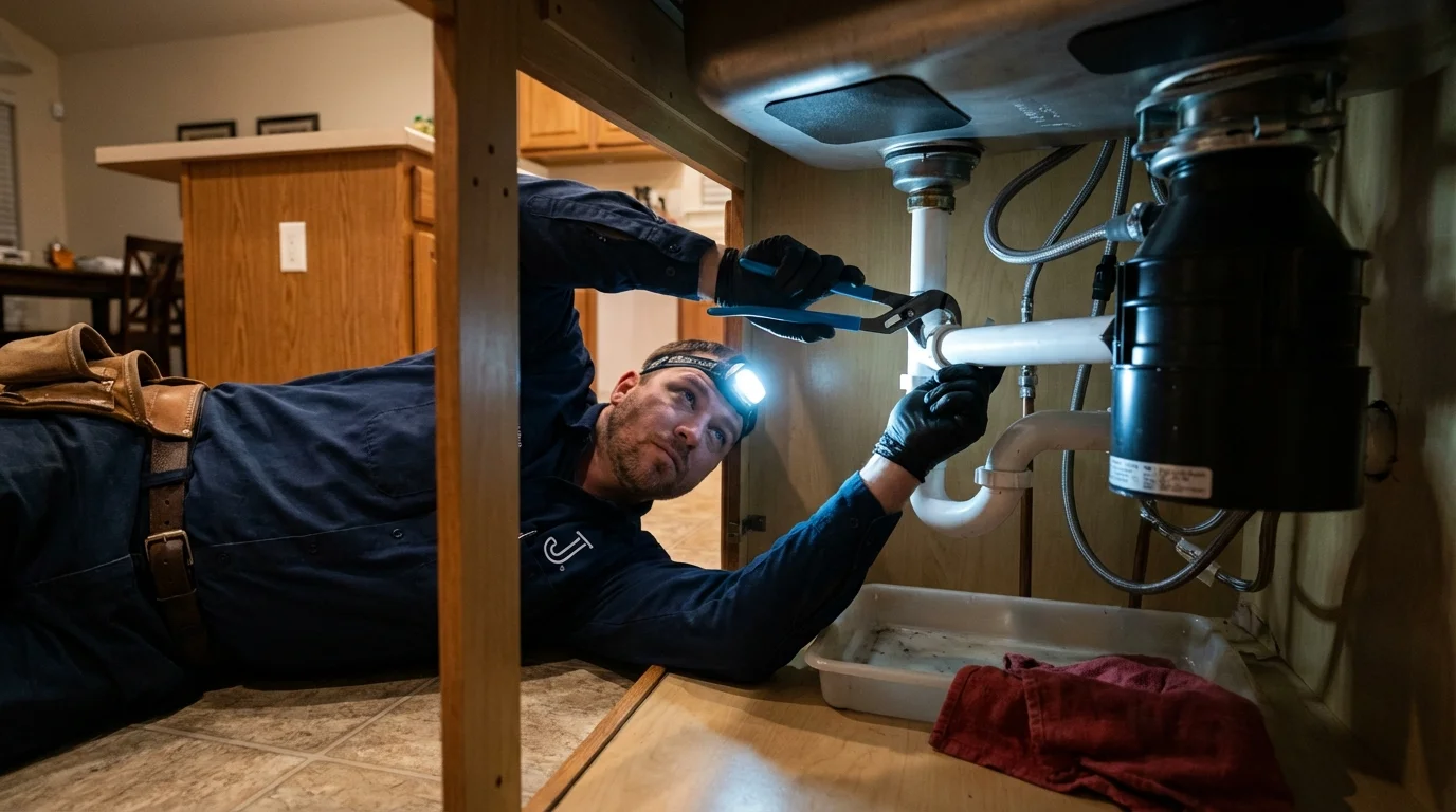 P-trap and supply line connections under a kitchen sink showing a common leak point in Easthampton, MA